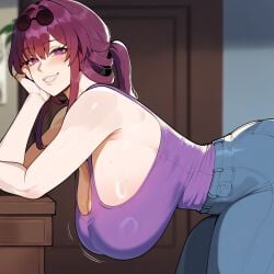 1girls ai_generated bending_forward bent_over big_breasts breasts cleavage creamy_ai curvy hanging_breasts hips hips_wider_than_shoulders huge_breasts jeans kafka_(honkai:_star_rail) large_breasts light-skinned_female looking_at_viewer milf purple_hair smile tank_top thick_thighs thighs voluptuous wide_hips