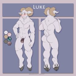 1boy abs anthro ass balls biceps blue_eyes blush caprine color_scheme flaccid fur hooves luke_(thorsoneyja) male male_only mammal model_sheet muscular nude pecs penis pose potionmastercernun sheep solo toned uncut white_fur