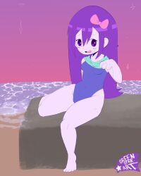 aged_up armpit armpits aubrey_(headspace) aubrey_(omori) barefoot blush blush_lines greenstar long_hair omori purple_hair simple_background small_breasts swimsuit thick_thighs