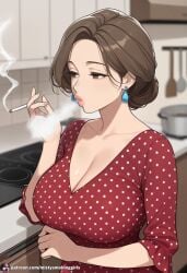 ai_generated big_breasts blowing_smoke cigarette cigarette_in_hand cigarette_smoke housewife kitchen large_breasts long_hair mature mature_female polka_dot polka_dot_dress pov_eye_contact retro retro_artstyle seductive seductive_eyes seductive_look seductive_mouth sexy sexy_pose smoking smoking_cigarette smoking_fetish solo_female