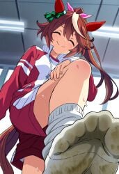 ai_generated animal_ears blue_eyes brown_hair dirty_socks feet feet_focus female horse_ears horse_girl horse_tail pov pov_taker smile smiling_at_viewer socks stepped_on sweat sweat_feet sweatdrop tokai_teio_(umamusume) umamusume umamusume_pretty_derby used_socks