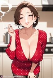 ai_generated big_breasts blowing_smoke cigarette cigarette_in_hand cigarette_smoke housewife kitchen large_breasts long_hair mature mature_female polka_dot polka_dot_dress pov_eye_contact seductive seductive_eyes seductive_look seductive_mouth sexy sexy_pose smoke_from_mouth smoking smoking_cigarette smoking_fetish solo_female