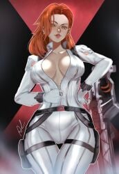 1girls arialla_draws big_breasts black_widow_(marvel) black_widow_(marvel_rivals) cleavage female female_only looking_at_viewer marvel marvel_rivals natasha_romanoff red_hair thick_thighs