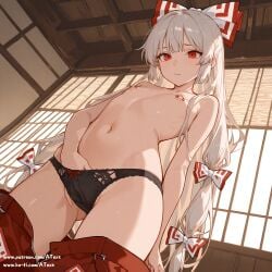 ai_generated fingering_through_panties flat_chest frowning fujiwara_no_mokou nipple_piercing small_tits touhou