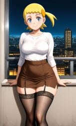 ai_generated blonde_hair blue_eyes bonnie_(pokemon) cinder-ace-burn curvy female female_only pokemon pokemon_xy skirt stockings