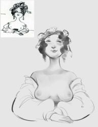 1girls black_eyes breasts curly_hair female_focus female_only friedrich_engels friedrich_engels_redraw_(meme) jojo_fraga_(artist) medium_breasts monochrome nipples redraw short_hair smile smiling solo solo_focus