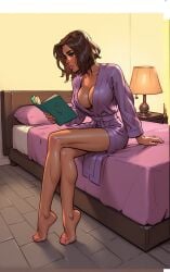 1girl ai_generated bathrobe big_breasts brown_hair coxville_stories crossed_legs female female_only fit fit_female huge_breasts on_bed purple_bed_sheet short_hair sitting sitting_on_bed stable_diffusion theofficialpit_(style)