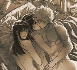 3boys aged_down alcohol alcohol_bottle blush completely_nude drunk drunk_sex ena33333333 gay gintama gintoki_sakata implied_sex katsura_kotarou long-haired_male long_hair male male_only mmm_threesome monochrome no_visible_genitalia nude on_bed sake sleeping sweatdrop takasugi_shinsuke threesome toned toned_male yaoi