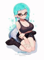 1female big_breasts blue_hair boob_window brown_eyes female_only hand_on_arm inkling inkling_girl jinkoika long_hair sitting_down splatoon white_background