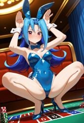 ai_generated arms_up bare_legs blue_hair blush breasts bunny_ears bunny_pose bunnysuit closed_mouth female h_madoka indoors kamishiro_rio leotard long_hair playboy_bunny poker_chip pose red_eyes rio_kamishiro solo spread_legs sweatdrop tiptoes yu-gi-oh! yu-gi-oh!_zexal