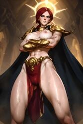 abs adeptus_custodes ai_generated armor black_cape blue_eyes breasts breasts_out cape cowboy_shot crossed_arms female female_only from_below halo hi_res legs_apart muscular_female nipples oiled pauldrons pelvic_curtain pubic_tattoo red_hair standing stomach tacocatbox thighs vambraces warhammer_(franchise) warhammer_40k