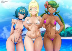 3girls beach bikini blonde_hair blue_eyes blue_hair green_eyes green_hair lana_(pokemon) lillie_(pokemon) looking_at_viewer mallow_(pokemon) outdoors pokemon smiling zel-sama