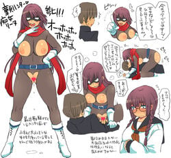 belt blush bodystocking boots braid breastless_clothes breasts censored cowgirl_position crotchless_clothes domino_mask drooling eroe femdom gakuran glasses gloves hand_on_hip heart heart_censor heart_cutout highres large_breasts long_hair mask nipples ojou-sama_pose open_mouth original penetration pointing purple_hair red_scarf saliva scarf school_uniform serafuku sex smile standing straddling text tied_hair translation_request twin_braids vaginal_penetration white_boots white_gloves wrist_grab