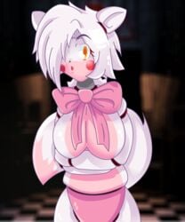 animatronic blush bow_tie breasts female female_only five_nights_at_freddy's five_nights_in_anime fox fox_ears fur hair_over_one_eye hi_res large_breasts looking_at_viewer mairusu-paua mangle_(fnaf) mechanical open_mouth pink_panties robot solo tail teeth white_fur white_hair yellow_eyes