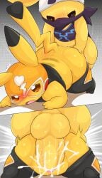 2025 2_toes 3_fingers absurd_res all_fours arch_position ass balls big_balls big_butt big_penis black_clothing black_kerchief bodily_fluids bottomwear bottomwear_down brown_eyes brown_sclera clothed clothing colored cosplay_pikachu_(costume) cum cum_in_pussy cum_inside digital_drawing_(artwork) digital_media_(artwork) doggy_style duo ejaculation erection feet female female_penetrated feral feral_on_feral feral_penetrated feral_penetrating feral_penetrating_feral fingers from_behind_position from_front_position fur generation_1_pokemon genital_fluids genitals glistening glistening_balls glistening_body glistening_butt glistening_eyes glistening_genitalia glistening_penis glistening_skin hand_on_butt heart_symbol hi_res humanoid_genitalia humanoid_penis kerchief leaking_cum male male/female male_penetrating male_penetrating_female mammal mask multicolored_clothing nintendo nude on_top open_mouth orange_clothing pants pants_down partially_clothed penetration penile penile_penetration penis pikachu pikachu_libre pokemon pokemon_(species) pupils pussy rodent sex shaded simple_background tail team_aqua tears thick_penis thick_thighs toes tongue two_frame_image two_panel_image type vaginal_penetration vaginal_penetration white_pupils yellow_balls yellow_body yellow_fur yellow_penis yellow_pussy