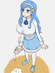 :3 blue_eyes blue_hair blush bosomancer breasts cum_drip cum_pool futanari hair hairband hand_on_penis huge_breasts intersex leggings long_hair looking_at_viewer school_uniform schoolgirl skirt symbol-shaped_pupils tachibana_sylphynford thighhighs