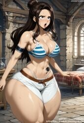 ai_generated armlet bangs bare_shoulders barrel bikini bikini_top_only black_hair blush breasts brown_eyes brown_hair cana_alberona clavicle cleavage clothing cowboy_shot curvaceous day fairy_tail female female female_only hair_bun highleg highleg_bikini indoors jousneystudio large_breasts lips long_hair looking_at_viewer midriff navel open_mouth outdoors parted_bangs ponytail shiny shiny_skin short_shorts shorts sidelocks single_hair_bun skindentation solo standing stomach striped striped_bikini sweat swimsuit tattoo thick_thighs thighs tied_hair tongue tongue_out white_shorts wide_hips window