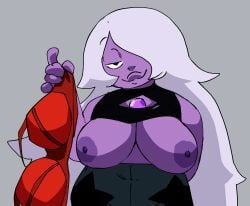 1girls alien alien_girl amethyst_(steven_universe) bangs black_eyes black_shirt bra breasts breasts_out cartoon_network casual casual_nudity closed_mouth clothes_lift clothing collared_shirt colored_nipples colored_skin commission coolerinker dark_nipples edit female gem gem_(species) grey_hair hair_over_one_eye half-closed_eyes holding holding_bra holding_clothes holding_underwear huge_breasts inker_comics inkershike jewelry large_breasts long_hair looking_at_viewer nipples open_clothes pants purple_body purple_skin red_bra removing_bra shirt shirt_lift solo steven_universe third-party_edit underwear unworn_bra upper_body very_long_hair white_hair