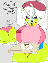 alien_girl asking_a_question ass_up big_ass big_breasts big_breasts big_butt big_chest big_thighs bumbleart_bee butt_up confused happy_female huh? pink_clothes pink_clothing pizza_box pizza_delivery pizza_delivery_girl pizza_girl text text_bubble valentine's_day