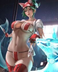 1girls 2023 artist_signature big_breasts bikini blizzard_entertainment curvy female green_hair half_naked hips holding_weapon huge_breasts instagram_link japanese_female kiriko_(overwatch) kunai large_breasts legwear light-skinned_female looking_at_viewer overwatch overwatch_2 partially_clothed red_bikini red_legwear short_hair slim_waist solo solo_female thick_thighs video_games voluptuous voluptuous_female zumi