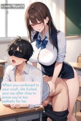 1boy 1futa ai_generated anal big_breasts black_hair_male blindfold blindfolded_male brown_hair cum dickgirl forced futa_on_male futadom futanari iliya malesub milf rape ripped_clothing ripped_pants school_uniform schoolgirl twink yoga_pants