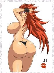 1girls armpits arms_up ass back big_ass bracelet breasts bubble_ass deviantart devil-v ear_studs earring eye_contact female half-closed_eyes highres huge_ass huge_breasts long_hair looking_at_viewer looking_back no_nipples orange_hair panties pose purple_eyes queen's_blade risty shiny_skin sideboob skimpy smile solo text thick_thighs thong topless very_long_hair watermark wide_hips