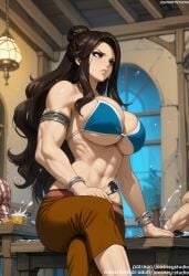 1boy abs ai_generated armlet armor artist_name bangle bare_shoulders biceps bikini bikini_top_only black_hair blue_bikini blush bracelet breasts brown_eyes brown_hair brown_pants cana_alberona cleavage clothing crossed_legs cup ejaculation fairy_tail female female grey_eyes hair_bun indoors jewelry jousneystudio lamp large_breasts long_hair looking_at_viewer midriff muscle muscular_female muscular_male navel night orange_pants pants penis ponytail sidelocks sitting solo solo_focus swimsuit table tattoo thighs tied_hair toned underboob veins watermark web_address window