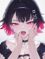 black_choker black_clothes black_collar black_hair black_hair_female black_t-shirt black_topwear blush blush_face blush_lines blushed_face blushing_at_viewer blushing_face blushing_female choker clothes collar dripping_saliva ear_piercing ear_piercings earrings ellen_joe fair_skin finger_in_another's_mouth finger_in_mouth hair_clip hair_clips hairclip hairclips hand_on_another's_face hand_on_another's_head hand_on_face hand_on_head light-skined_female light-skinned light-skinned_female light_skin light_skin_female light_skinned light_skinned_female medium_hair mole mole_on_breast mole_on_collarbone mole_under_eye multicolored_hair open_mouth parted_lips pierced_ear pierced_ears pink_eyes pink_eyes_female pink_hair pink_hair_female qiandaiyiyu saliva saliva_drip saliva_on_face saliva_on_tongue saliva_string salivating smooth_skin t-shirt tongue tongue_out topwear upper_teeth zenless_zone_zero