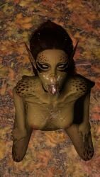 3d baldur's_gate_3 cum_drip cum_in_mouth cum_on_body cum_on_breasts cum_on_face cumshot eye_contact freckles green_skin lae'zel looking_at_viewer virtamate yellow_eyes