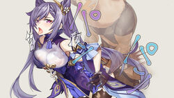 1boy ahe_gao black_legwear breasts clothed_sex commentary covered_nipples dress earrings emphasis_lines eyeliner female genshin_impact hair_ornament heart heart-shaped_pupils hilichurls_(species) interspecies jewelry keqing_(genshin_impact) long_hair makeup male medium_breasts moaning open_mouth pink_eyes purple_dress purple_hair rape sex sex_from_behind speed_lines standing standing_sex symbol-shaped_pupils tongue tongue_out toranpo_rintarou torso_grab twintails very_long_hair white_background