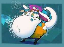 angela_flux anthro ass atlyss belly big_belly big_breasts big_butt big_ears bloated breasts burp_cloud burping cake dessert female food halo hi_res holding_food holding_object huge_belly huge_breasts huge_butt hyper hyper_belly kubold_(atlyss) morbidly_obese navel obese onomatopoeia overweight screencap screencap_background smokey_blokey solo sound_effects stuffing tail text weight_gain