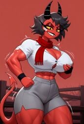 1girls ai_generated big_breasts black_hair breasts cleavage demon demon_girl demon_horns female helluva_boss imp lin_(helluva_boss) mature_female milf muscle_mommy muscles muscular_female patmmp0102 red_body red_skin short_hair shortstack solo