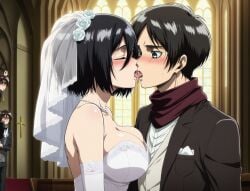 1boy 1boy1girl 1girls ai_generated anime anime_style asian asian_female attack_on_titan big_breasts black_hair blush blushing canon_couple couple couple_(romantic) couple_art couple_focus couple_love duo duo_focus eremika eren_jaeger kissing married_couple mikasa_ackerman romance romantic romantic_ambiance romantic_couple shingeki_no_kyojin short_hair straight tongue_out wedding wedding_dress