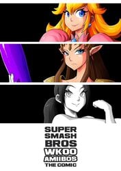 2015 3girls comic dildo_sword eyeliner female female_only fight game lipstick makeup mario_(series) multiple_girls nintendo princess_peach princess_zelda super_smash_bros. the_legend_of_zelda twilight_princess wii_fit wii_fit_trainer witchking00 zelda_(twilight_princess)