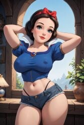 ai_generated big_breasts denim_shorts disney hard_nipples snow_white_(disney) thong_straps waifustash