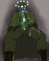 1boy artist_name aura big_penis boots clothed clothing countryhumans countryhumans_oc cum erection green_hair jacket long_hair looking_at_viewer male male_only military_uniform one_eye_closed pants_down polaris_(polarisinhostar) polarisinhostar sitting star watermark