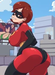 1girls ass big_ass big_breasts breasts brown_eyes brown_hair clothing disney domino_mask eyewear female female_only hair helen_parr huge_ass huge_breasts looking_back mature mature_female mature_woman milf mother nipple_bulge short_hair solo solo_female superhero_costume superheroine the_incredibles thighs welthemente