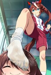 ai_generated animal_ears blue_eyes brown_hair dirty_socks feet feet_focus female horse_ears horse_girl horse_tail smile smiling_at_viewer socks stepped_on stepping_on_head sweat sweat_feet sweatdrop tokai_teio_(umamusume) umamusume umamusume_pretty_derby used_socks