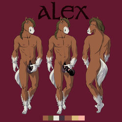 abs alex_(thorsoneyja) anatomically_correct animal_genitalia ass balls biceps braided_hair brown_eyes brown_fur brown_hair clydesdale color_scheme dbruin draft_horse equine erection feathering fur hair horse horsecock looking_at_viewer male mammal model_sheet muscular pecs penis ponytail pose sheath smile solo text tied_hair toned white_fur