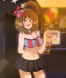 animatronic balloon balloon_babe_(fnia) balloon_boy balloon_boy_(fnaf) black_skirt blue_eyes blush breasts brown_hair curvy cute female female_only five_nights_at_freddy's five_nights_at_freddy's_2 five_nights_in_anime five_nights_in_anime_2 happy looking_at_viewer mairusu-paua mechanical open_mouth presenting robot rule_63 skirt smile solo teeth tongue