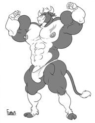 1boy abs anthro beefy bovine bovine_tail bulge cattle countershading dick_root furious_(artist) hooves horns hyper hyper_muscles male male_nipples male_only male_thong mammal monochrome muscles muscular_male original original_character pecs penis solo tail tail_tuft toony