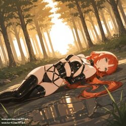 ai_generated beautfiul_background bondage bondage bondage_outfit collar desolate_landscape flat_chest forest genshin_impact harness lonely lying nilou_(genshin_impact) stunning_backgroud