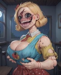 ai_generated blonde_hair breast_grab cleavage doll_joints erect_nipples grabbing_own_breast huge_breasts miss_delight nightmare_waifu poppy_playtime teeth true_might true_might's