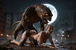 1boy 1girls ai_generated female_human female_human/male_feral female_human/male_monster feral_on_female feral_on_human full_moon interspecies interspecies_sex male_feral male_feral/female_human male_monster monster monster_on_female monster_on_human monster_penetrating noone3d petite slim slim_waist