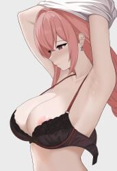 1girls areola_slip areolae armpits big_breasts black_bra bra bra_removed breast_focus breasts ear_piercing earrings female female_only hair lace lace-trimmed_bra lace_trim long_hair mikhdrag nipple_slip pink_hair purple_eyes shirt_up solo solo_female tsukishiro_yanagi upper_body zenless_zone_zero