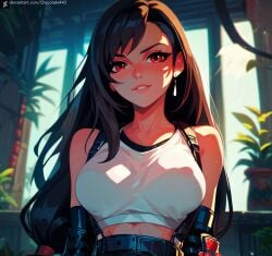 ai_generated black_hair fantasy final final_fantasy_vii_remake long_hair red_eyes smile tifa_lockhart vii white_shirt