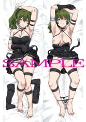 absurdres arm_strap armpits arms_up barefoot black_dress black_gloves black_panties boots censored censored_by_text choker commentary_request dakimakura_(medium) dress feet female full_body gloves green_hair hews highres jitome looking_at_viewer lying no_panties o-ring o-ring_choker on_back on_bed panties panties_around_ankles panty_pull pleated_dress purple_eyes pussy_juice_stain sample_watermark second-party_source side_ponytail single_glove smile sousou_no_frieren suspenders_hanging sweat thigh_strap thighs toes ubel_(sousou_no_frieren) underwear unworn_boots watermark