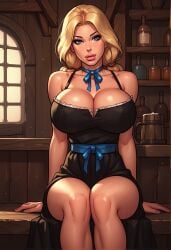 ai_generated big_breasts black_dress blonde_hair dress female female_only huge_breasts seneca_custer sitting stable_diffusion tavern theofficialpit_(style) twintails wild_west