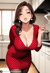 ai_generated big_breasts blowing_smoke cigarette cigarette_in_hand cigarette_smoke housewife kitchen large_breasts long_hair mature mature_female polka_dot polka_dot_dress pov_eye_contact seductive seductive_eyes seductive_look seductive_mouth sexy sexy_pose smoking smoking_cigarette smoking_fetish solo_female