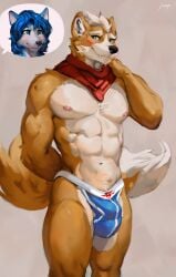 abs anthro athletic athletic_anthro athletic_male balls_outline black_nose blue_body blue_fur blue_hair bulge canid canine clothed clothing detailed_bulge fangs female fox fox_mccloud fur genital_outline hair hi_res jockstrap juiceps kerchief krystal_(star_fox) male male/female mammal multicolored_body multicolored_fur navel nintendo nipples offscreen_character orange_body orange_fur pecs sheath_outline signature smile solo standing star_fox tail teeth topless topless_anthro topless_male two_tone_body two_tone_fur underwear white_body white_fur white_hair